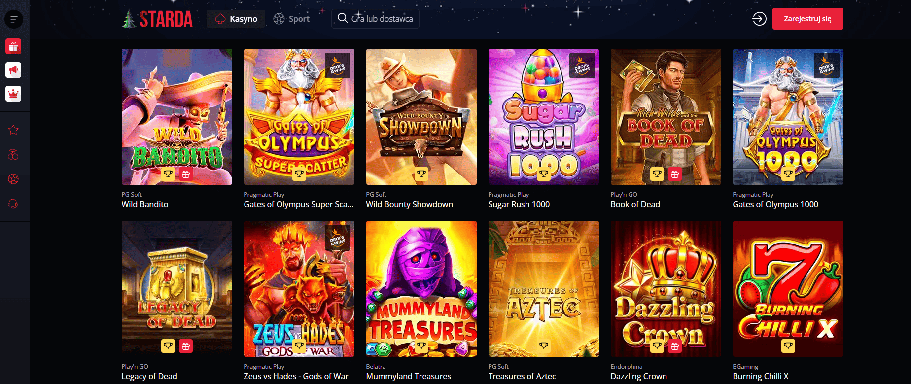 Kolekcja gier slotowych dostępnych w Starda Casino