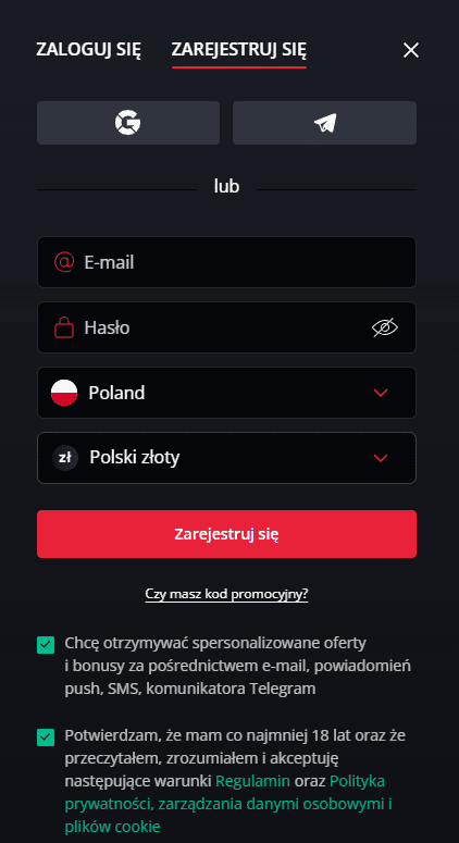Formularz rejestracyjny w Starda Casino