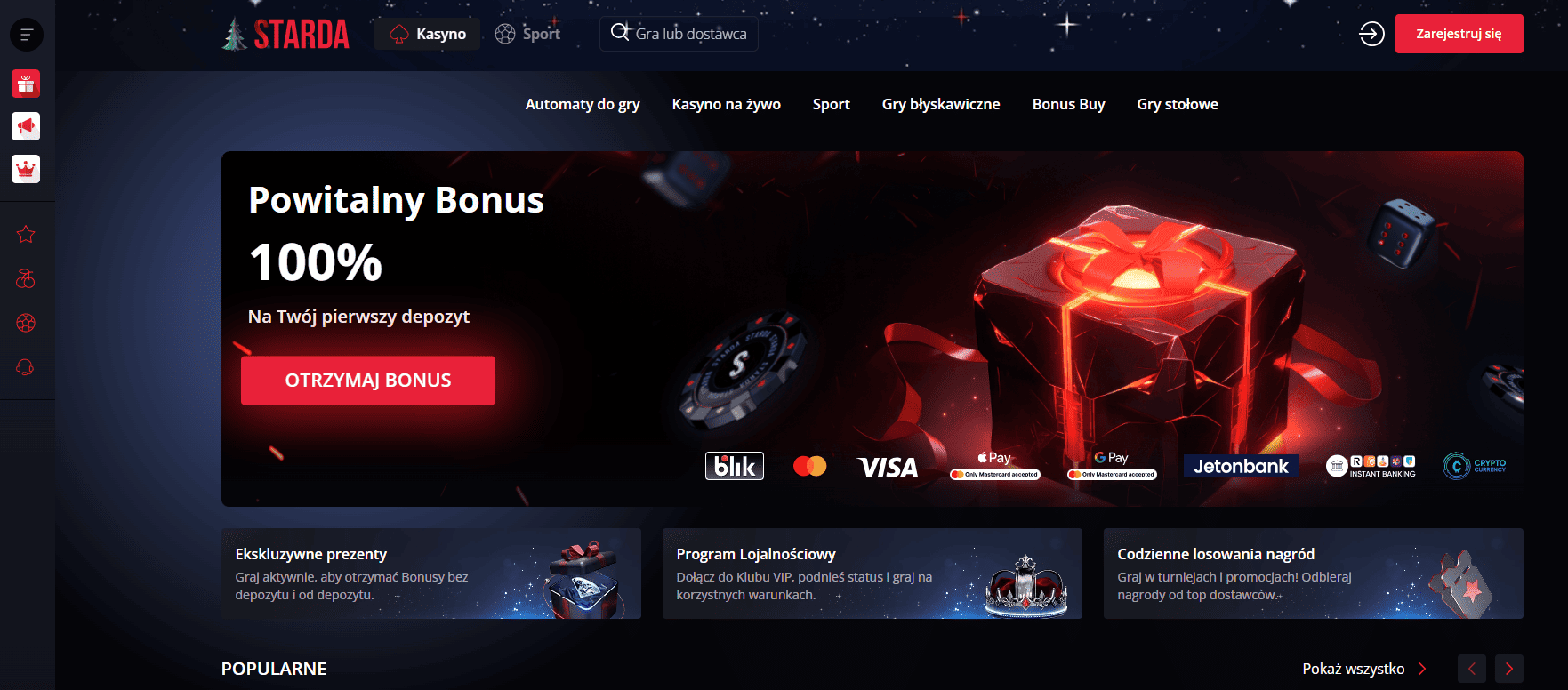 Interfejs strony głównej Starda Casino na telefonie